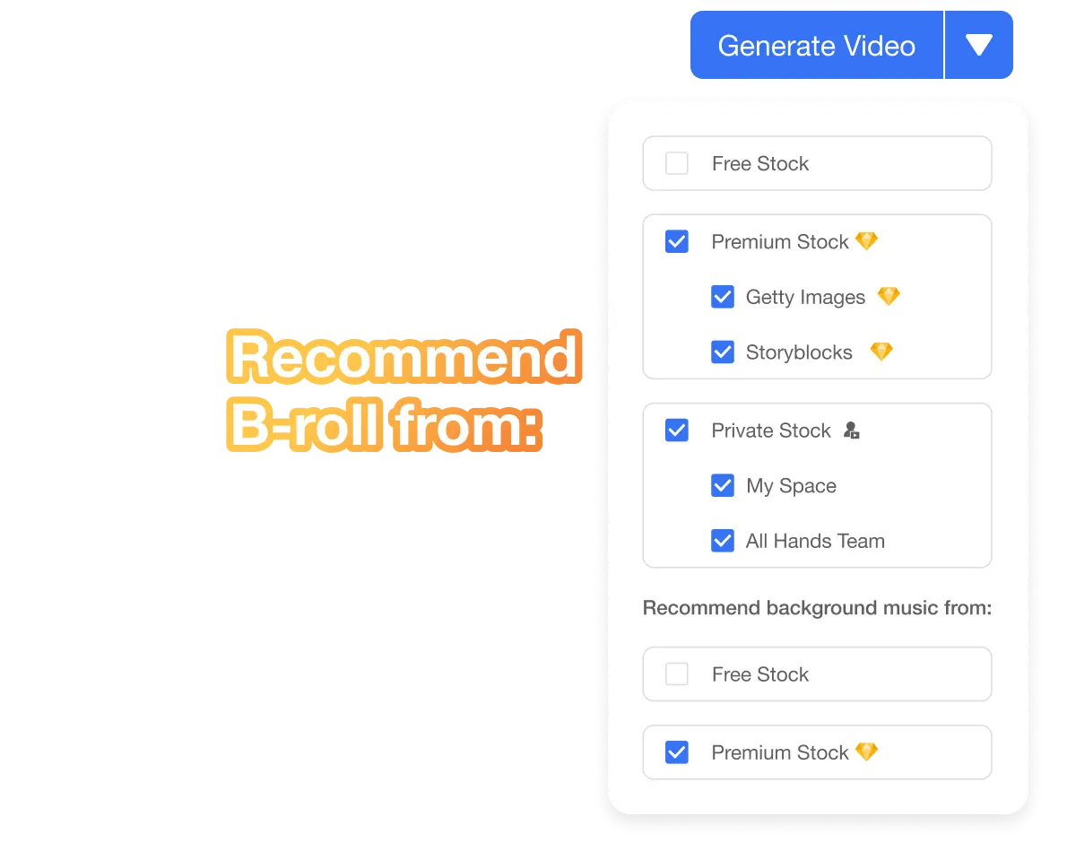 AI-powered footage recommendation showing Visla's ability to recommend B-roll from public, premium, and private stock libraries.